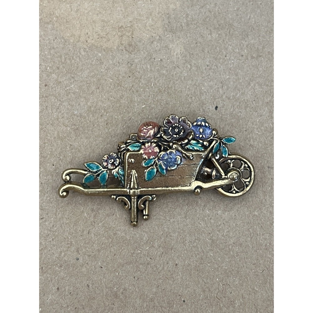 Vintage Gold-Toned Wheelbarrow Floral‎ Brooch Pin Gardener 2" X 1.25"